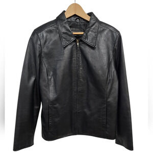 Vintage Black Leather Collared Coat Large